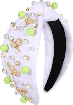 Tennis Knotted Headband for Women Sports White Pearl Rhinestone Crystal Jeweled Headpiece Fun Tennis Twist Knot Headband College Game Day Hair Accessories Gift (white tennis headband)
