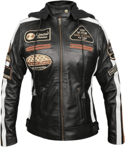 Womens Armored Motorcycle Padded Vintage Cafe Racer Retro Biker Riding Badges Black Leather Jacket Detachable Hoodie 3X-Large Black