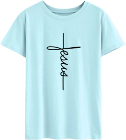 Nlife Women Causal Jesus Letter Printed T-Shirt Christian Graphic Short Sleeve T-Shirt Large H-sky Blue