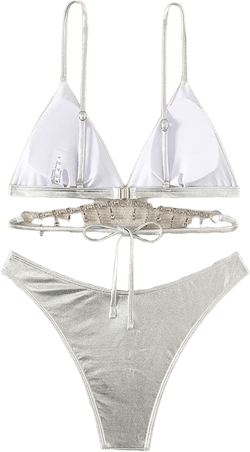 Silver Metallic Rhinestones Strappy Cheeky 2Pc Swimsuit Set