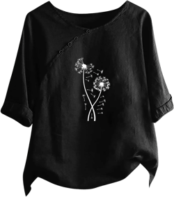 Linen Shirts for Women Crewneck Button Down Floral Blouse Tops Dressy Casual Summer Oversized Tshirts 2024 : Clothing, Shoes & Jewelry