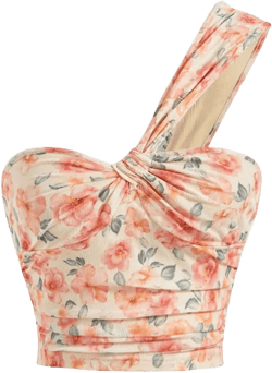 SOLY HUX Women's One Shoulder Floral Crop Top Twist Front Boho Camisole Summer Going Out Shirt Tops Large Beige Floral