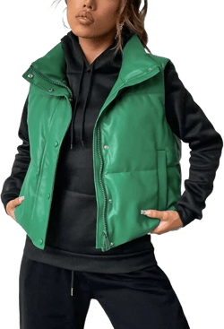 Yidarer Women's Faux Leather Puffer Vest Stand Collar Padded Vest Sleeveless Quilted Lightweight Jacket Large Green