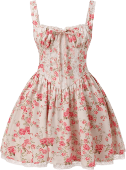 Women’s Floral Printed Corset Dress Spaghetti Strap Flare Summer Midi Dress Lace Trim Cami Dress Flowy Sundress Small Pink Floral