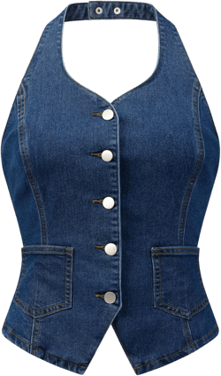 Allegra K Denim Vest for Women's Halter Neck Button Down Backless Jean Waistcoat Large Dark Blue