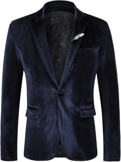 WEEN CHARM Velvet Blazer for Men Slim Fit One Button Sport Coat Tuxedo Jacket for Prom Wedding Party Dinner Navy Blue Large