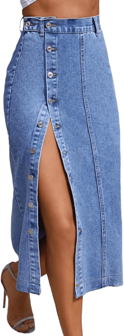 Nihsatin Women's Button Front Split Denim Midi Skirt High Waist Slim Fit Pencil Skirt Large Blue