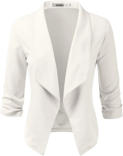 DOUBLJU Ruched 3/4 Sleeve Open Front Draped Blazers Business Casual Basic Work Jackets for Womens Clothes with Plus Size Small Ivory