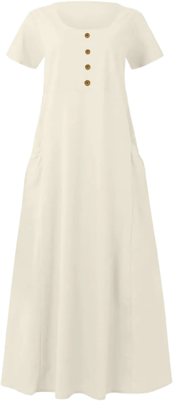 hlysgo Summer Dresses for Women 2025 Casual Cotton Linen Short Sleeve Midi Dress Flowy Beach Vacation Dress with Pockets 04 Beige X-Large