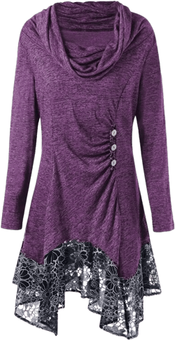 Andongnywell Women's Long Sleeve Scoop Neck Button Side Asymmetrical Dress Lace Flowy T Shirt Dresses (Purple,Medium)