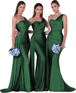 Alikey Mermaid Bridesmaid Dresses Long One Shoulder Satin Prom Dresses for Women Wedding Guest Gowns with Train Emerald Green