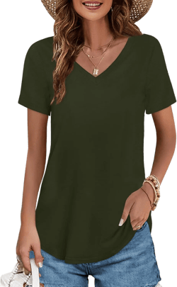 Elesomo Womens T Shirts V Neck Summer Short/Long Sleeve Cotton Tops Tees Short Sleeve XX-Large B:green