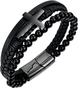 Raymard Mens Christian Cross Leather Bracelet, Black Obsidian Braided Leather Cuff Bangle Bracelet for Men, Stainless Steel Clasp-Black: Clothing, Shoes & Jewelry