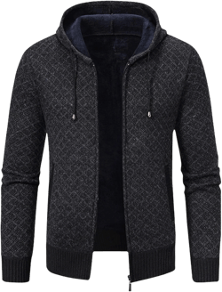 Hoodies for Men Full Zip Up Fall Winter Printed Sweater Long Sleeve Hooded Jacket Coat Cozy Casual Knit Cardigan Black Large