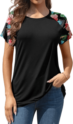 AYIFU Women's Loose Fit Raglan Sleeve Rayon T-Shirt Casual Summer Tunic Tops Trendy Large Black Hibiscus