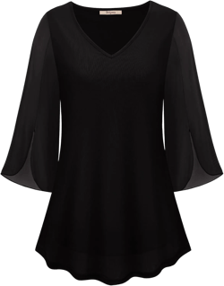 Bebonnie Womens Ruffle 3/4 Sleeve V Neck Double Layers Mesh Blouses Loose Fit Flowy Tunic Tops XX-Large Black