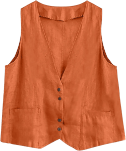 COTECRAM Womens Cotton Linen Vest Top Fashion Casual Sleeveless Button Down Jacket Lightweight Summer Loose Vests Outerwear X-Large A Ginger