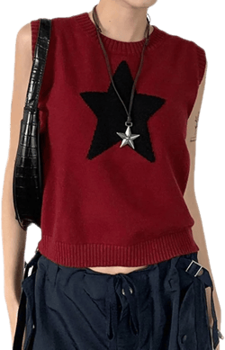 Women Y2K Five-Pointed Star Print Jacquard Crew Cropped Knit Sleeveless Pullover Vest Sweater Retro Crochet Streetwear