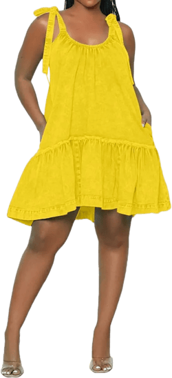 Vidifid Women Denim Cami Dress Tie Shoulder Ruffle Hem Short Dresses Babydoll Wash Jean Sundress with Pocket at Amazon Women’s Clothing store