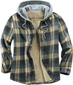 Men's Cotton Plaid Shirts Jacket Fleece Lined Flannel Shirts Sherpa Button Down Jackets with Hood for Men Yellow Black Blue Medium