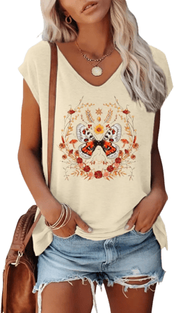 Anbech Cap Sleeve Tops Women Graphic V Neck Shirt Solid Print Casual T-Shirts Medium Beige