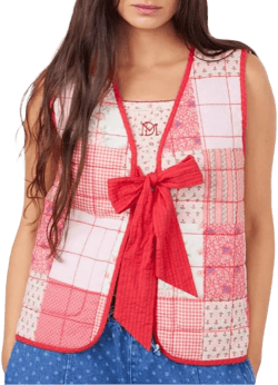 Womens Crop Floral Quilted Vest V Neck Tie Front Lightweight Sleeveless Puffer Vest Jacket Padded Gilet Outwear Small Red Pink