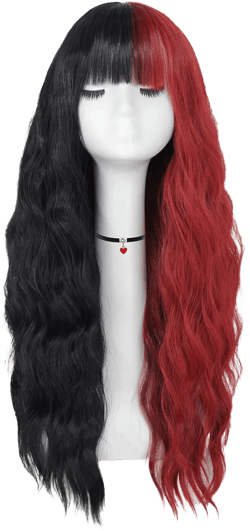 Mildiso Red and Black Wigs for Women 26’’ Long Curly Wavy Hair Wig with Bangs Natural Cute Synthetic Wig with Wig Cap for Party Halloween M062BKR