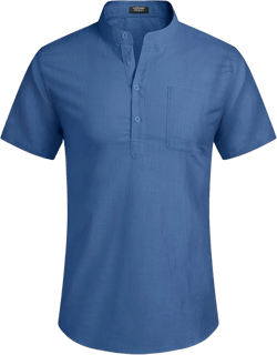 COOFANDY Men's Cotton Linen Henley Shirt Short Sleeve Hippie Casual Beach T-Shirts with Pocket Small Denim Blue