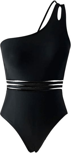 hlysgo One-Piece Swimsuit Women Tummy Control One-Shoulder Monokini Bathing Suits Trendy Modest Full Coverage Mesh Swimwear 04 Black XX-Large