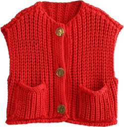 Arssm Women Button Down Sweater Vest Sleeveless Crop Knit Cardigan Cropped Knitted Sweater Vest with Pockets Large Red