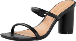 Arromic Women's Heeled Sandals Square Toe Two Strap Block Heels for Women Comfortable Strappy Heels Slip on Heeled Sandals for Women Dressy 6.5 Black