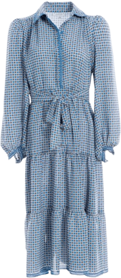 Max Studio Women's Long Sleeve Tiered Midi Shirt Dress X-Small Blue Framed Square Crest