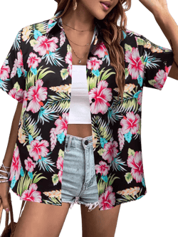 MYHALF Women Hawaiian Shirt Soft Cool Summer Hawaii Shirts Floral Tropic Print V Neck T-Shirt Short Sleeve Button Up Tops