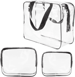 3Pcs Crystal Clear PVC Travel Toiletry Bag Kit for Women Men, Waterproof Vinyl Organizer Makeup Bags with Zipper Handle Straps, Cosmetic Bag Pouch Carry on Airport Airline Compliant Bag Handbag 3 Piece Set 1 Large, 1 Medium, 1 Small-Black