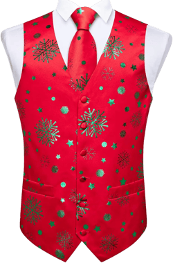 DiBanGu Christmas Men's Suit Vest and Tie Snowflake Waistcoat Necktie Pocket Square Cufflinks Set Festival Party Gifts Small Christmas Red Green