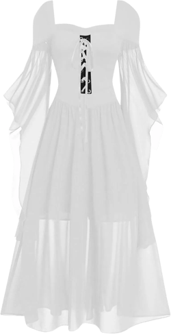 Gothic Dresses for Women Cold Shoulder Butterfly Sleeve Lace Up Corset Maxi Dress Plus Size Vintage Halloween Dresses M# White Large