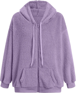 oiangi Womens Winter Fleece Lined Jackets Long Sleeve Full Zip Hooded Fuzzy Coats Drawstring Outdoor Sherpa Jackets Pockets Purple Small