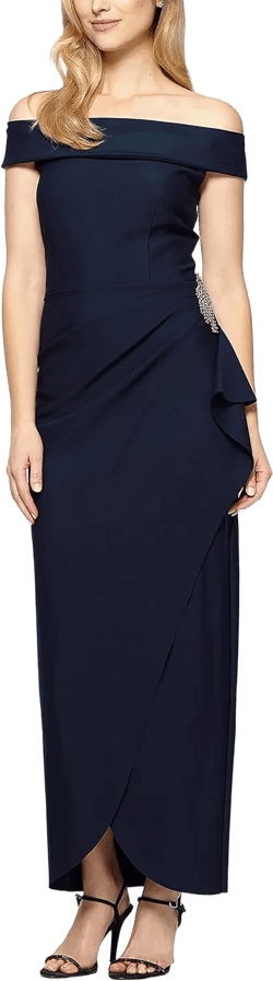 Alex Evenings Women's Slimming Long Side Ruched Mother of The Bride Dress W/Cascade Ruffle Skirt (Petite and Regular Sizes) 2 Off Shoulder Navy