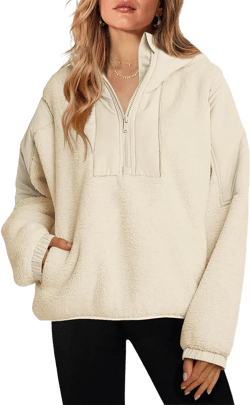 ReachMe Womens Fleece Hoodie Oversized Sherpa Jacket with Pockets Half Zip Sweatshirt Fuzzy Pullover Coats Small Beige