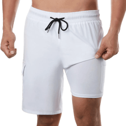 BRISIRA Mens Swim Trunks 9 Inch Inseam Board Shorts with Compression Liner Swimsuit Bathing Suit Quick Dry Cargo Pocket White 42
