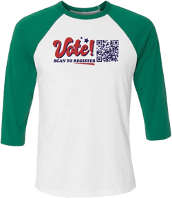 TeesAndTankYou Register to Vote QR Code Three-Quarter Raglan Sleeve Baseball Shirt Unisex Medium White/Kelly