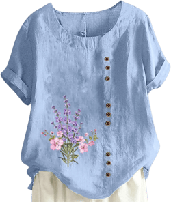 T Shirts for Women Graphic Cotton Linen Flower Print Tops Shirt Crewneck Tunic Multi Color Plus Size Tees with Button 4X-Large A1-light Blue