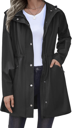 Zeagoo Raincoat Women Waterproof Long Hooded Rain Jacket Trench Coats Windbreaker Travel Jacket 01-black X-Large