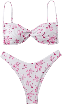 MakeMeChic Women's Twist Front 2 Piece Bikini Sets Floral Print Tie Back High Cut Thong Swimsuit Bathing Suit Pink White X-Small