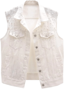 LifeShe Womens Beading Pearls Sleeveless Denim Vest Jean Jacket Coat… White XX-Large