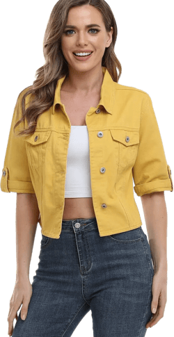 Dilgul Women's Denim Jacket Button Down Short Sleeve Cropped Jean Jacket Coat XX-Large Yellow