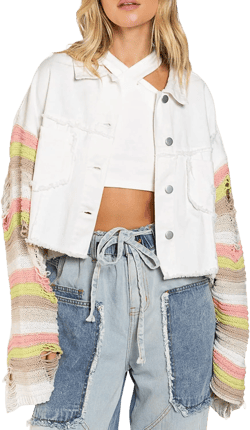Womens Rainbow Sweater Sleeve Crop Denim Jacket Distressed Ripped Frayed Hem Patchwork Jean Jacket Coat Medium White