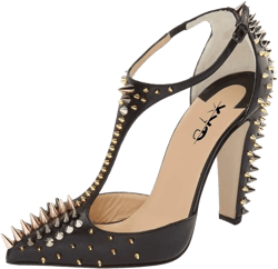 XYD Women's Fashion Rivets T-Strap Chunky Heel Pumps Pointed Toe Spikes Studded Nightclub Party D'Orsay Shoes 10 Black