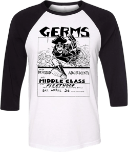 Rare Vintage Germs Punk Rock Concert Flyer Shirt Small White Raglan W/ Black Sleeves