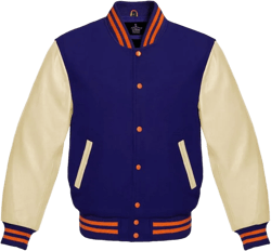Varsity Jacket Baseball Letterman Bomber Wool & Light Cream Genuine leather Sleeves With Orange Stripe 6X-Large Navy Blue